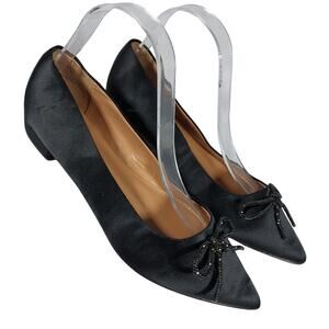 J. CREW! BLACK SATIN LOW HEEL GLITTERY BOW FRONT POINTY TOE FLATS! SZ 6.5M